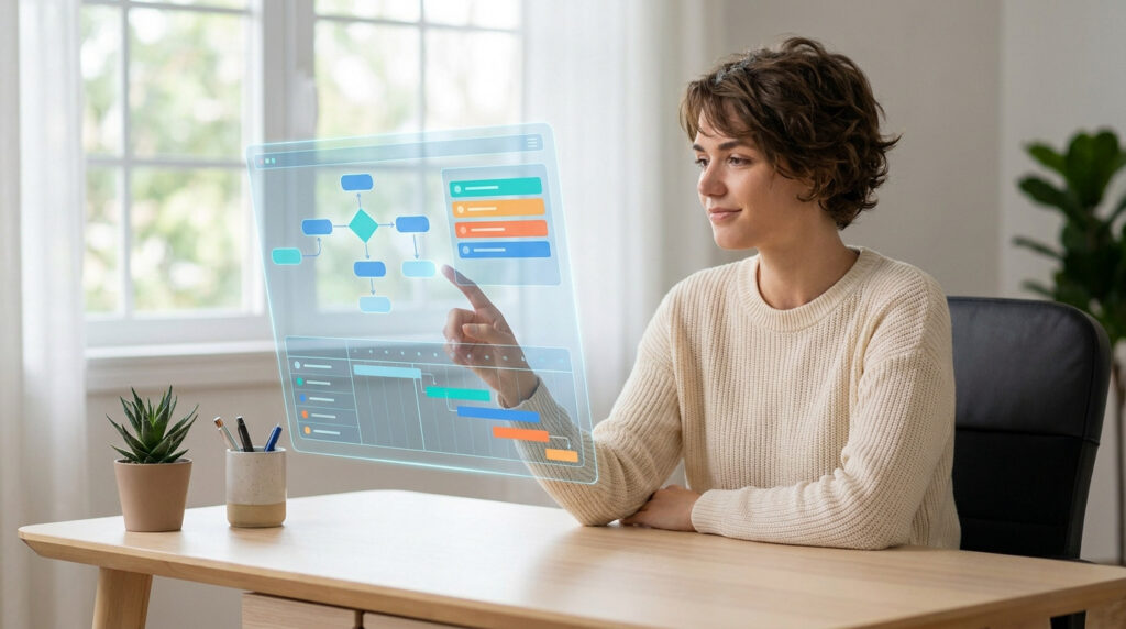 Une femme utilisant une interface holographique futuriste pour gérer des tâches et un planning de projet.