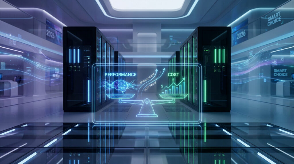 Centre de données futuriste affichant un hologramme d'une balance entre performance et coût pour un serveur VPS.