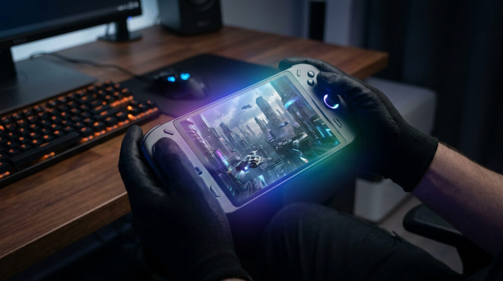 Mains gantées tenant une console portable avec un paysage futuriste affiché à l'écran dans une configuration PC gamer.