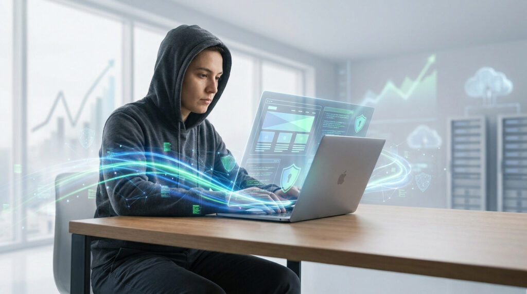 Un développeur en sweat à capuche travaillant sur un ordinateur portable entouré d'interfaces de sécurité numériques.