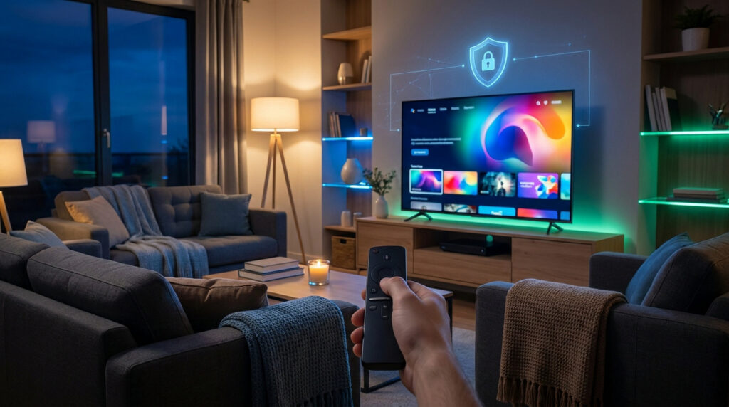 Main tenant une télécommande devant une Smart TV affichant une icône de bouclier de sécurité numérique.