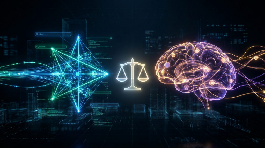 Comparaison visuelle entre une structure de réseau numérique et un cerveau humain avec une balance au centre.