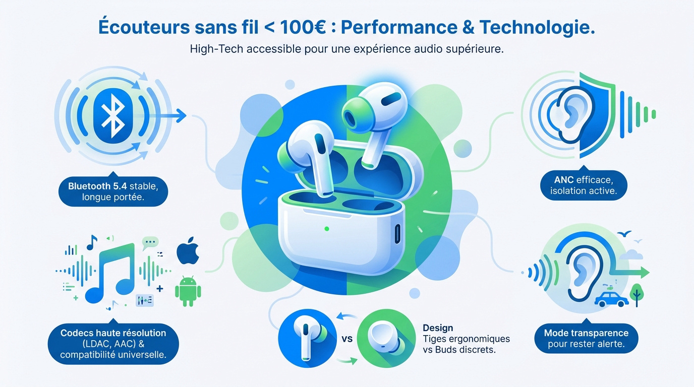 Comparatif technique des meilleurs écouteurs sans fil à moins de 100 euros en 2026