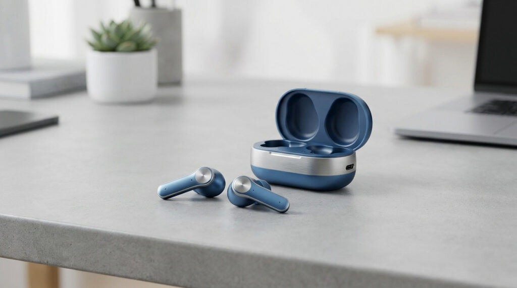 Une paire d'écouteurs sans fil bleus et leur boîtier de charge posés sur un bureau près d'un ordinateur portable.