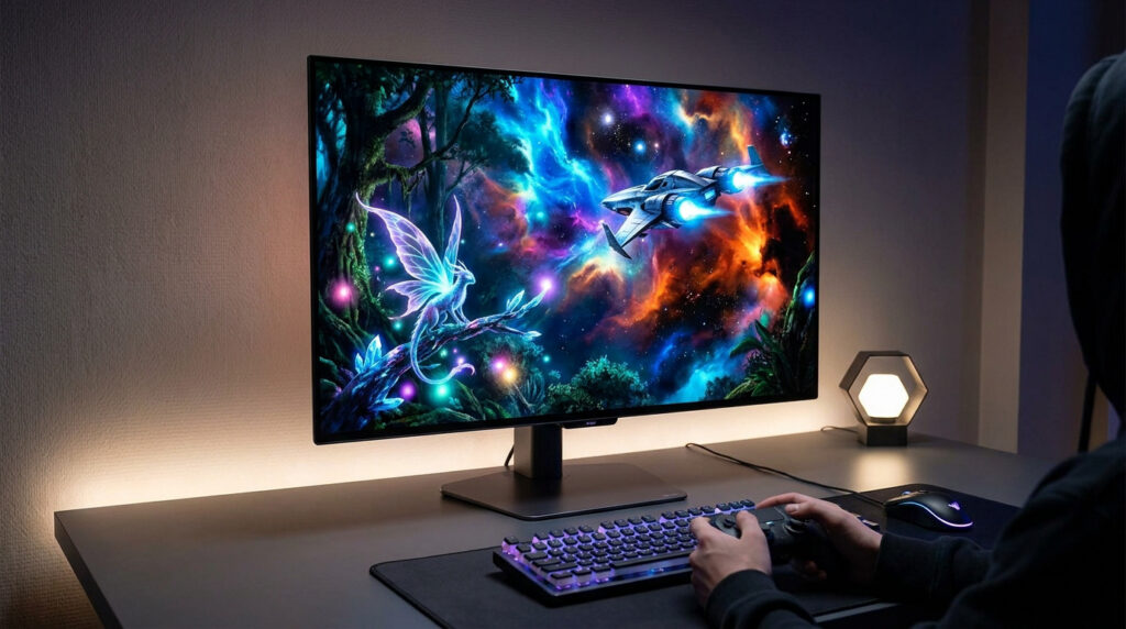 Un joueur utilise une manette devant un écran OLED affichant une scène fantastique avec une nébuleuse et une créature.
