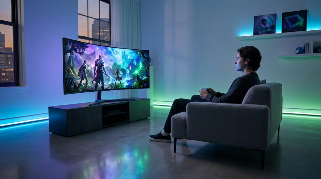 Un jeune homme joue à un jeu vidéo sur un écran incurvé géant dans un salon moderne avec un éclairage d'ambiance LED.