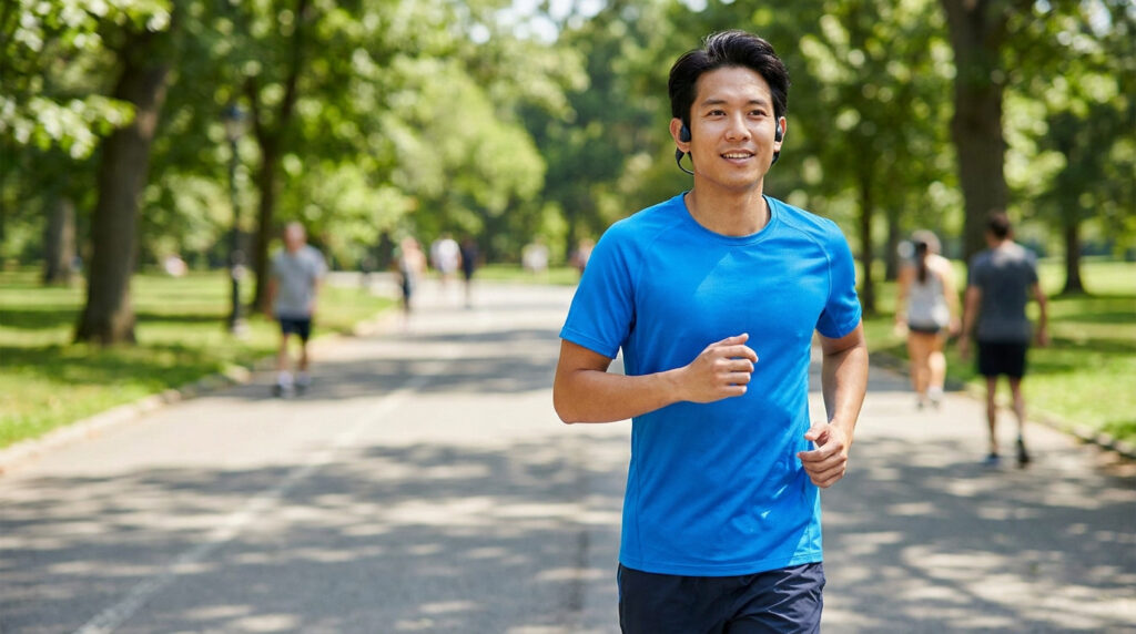 Un jeune homme en t-shirt bleu court dans un parc en portant des écouteurs à conduction osseuse.