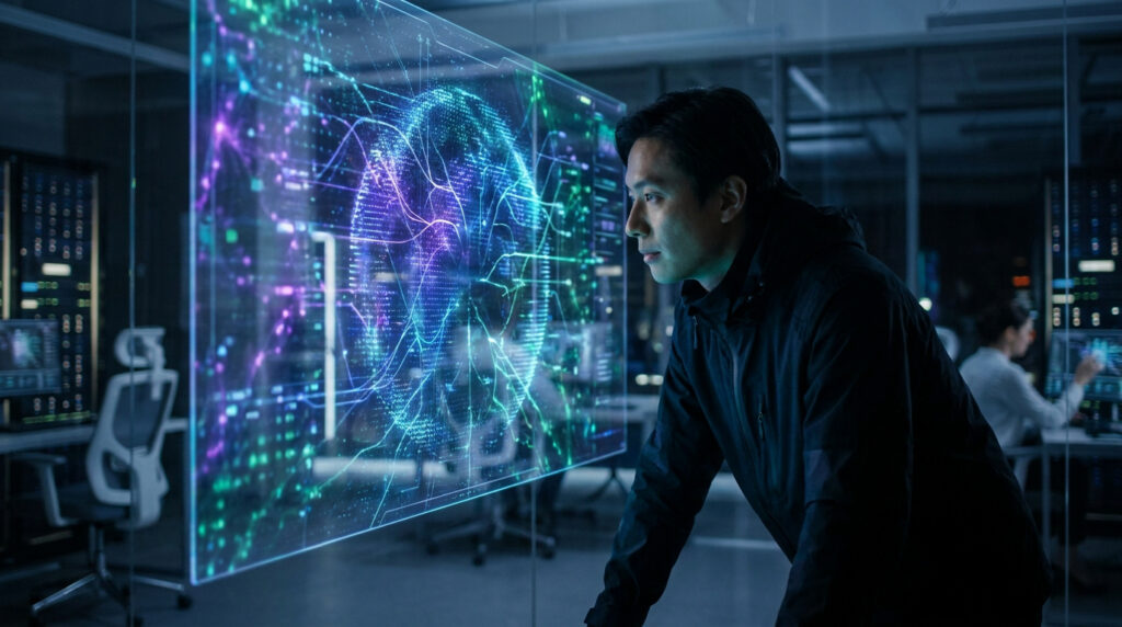 Un ingénieur regarde une interface holographique représentant un réseau de données mondial dans un centre de serveurs.