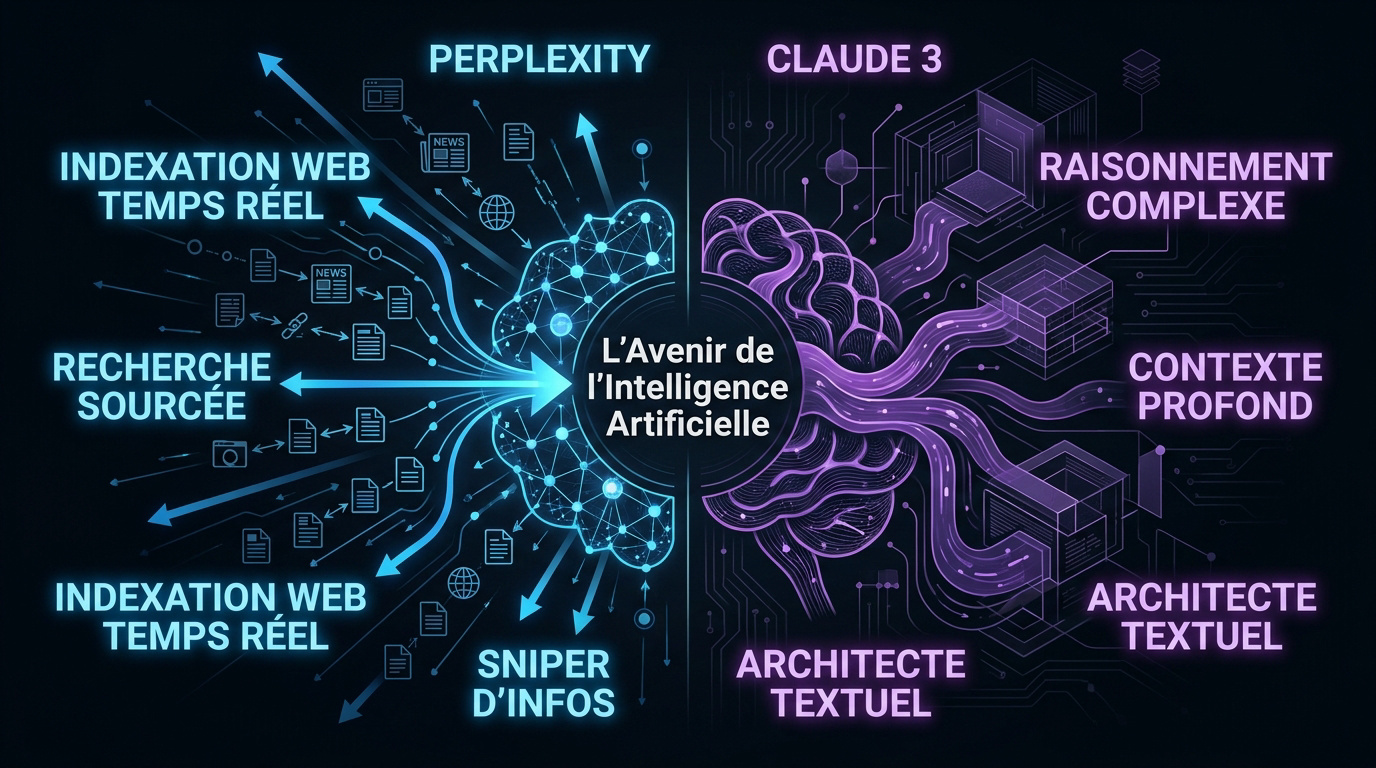 Comparaison visuelle entre l'interface de recherche Perplexity et l'analyse textuelle de Claude 3