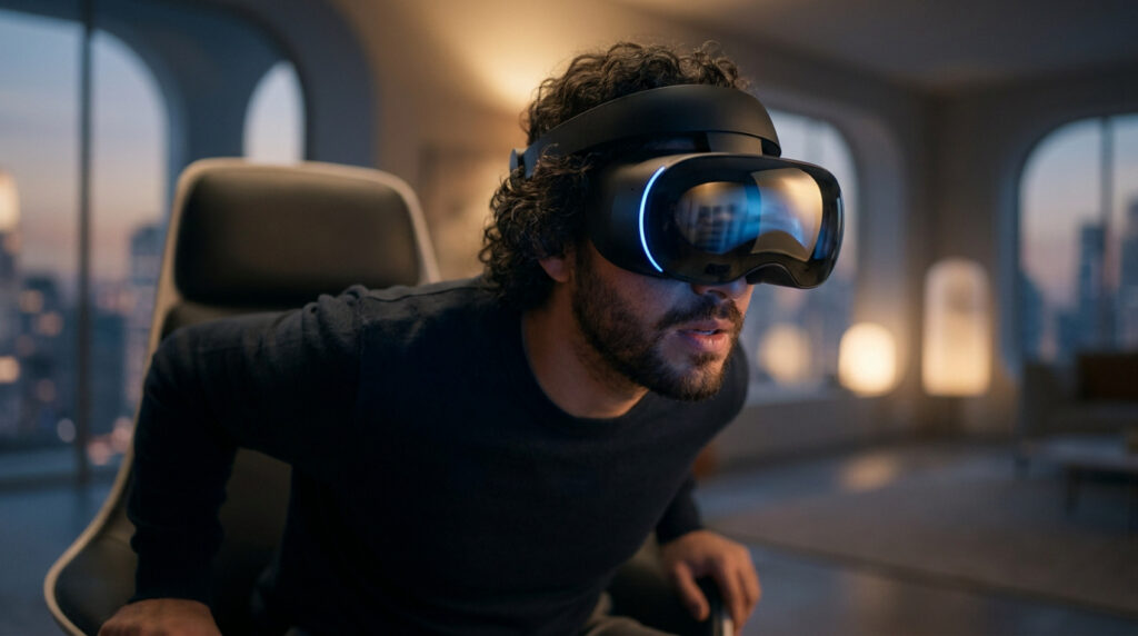 Un jeune homme aux cheveux bouclés portant un casque de réalité virtuelle futuriste dans un salon moderne.