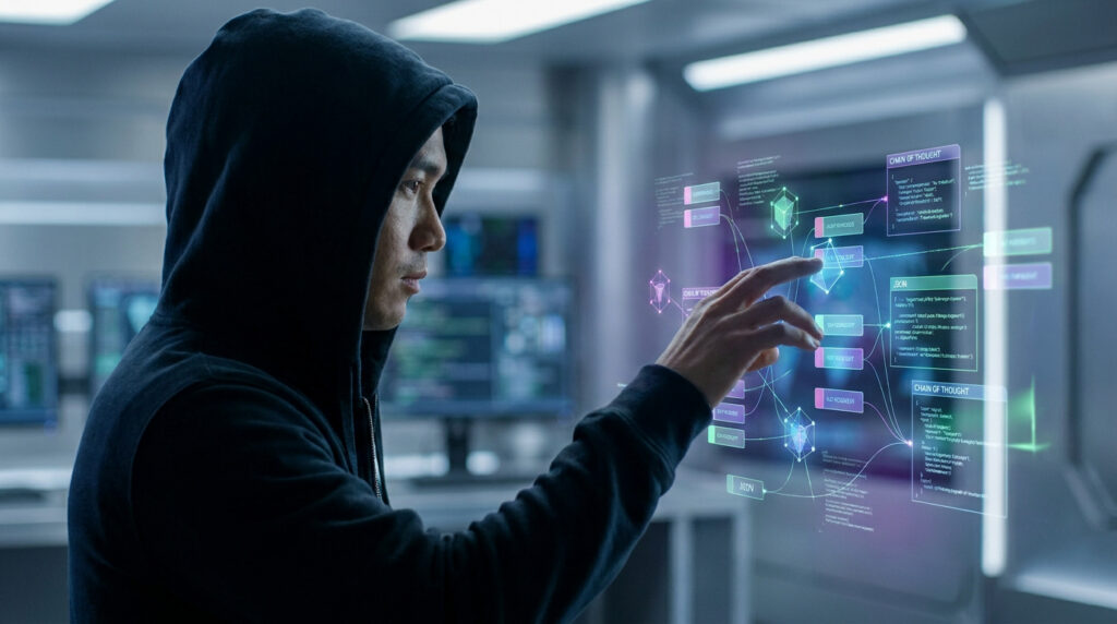 Un jeune homme en sweat à capuche interagit avec une interface numérique holographique de données et de code.