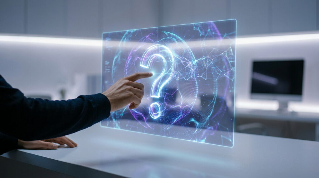 Une main touche un point d'interrogation numérique holographique brillant au-dessus d'un bureau moderne.