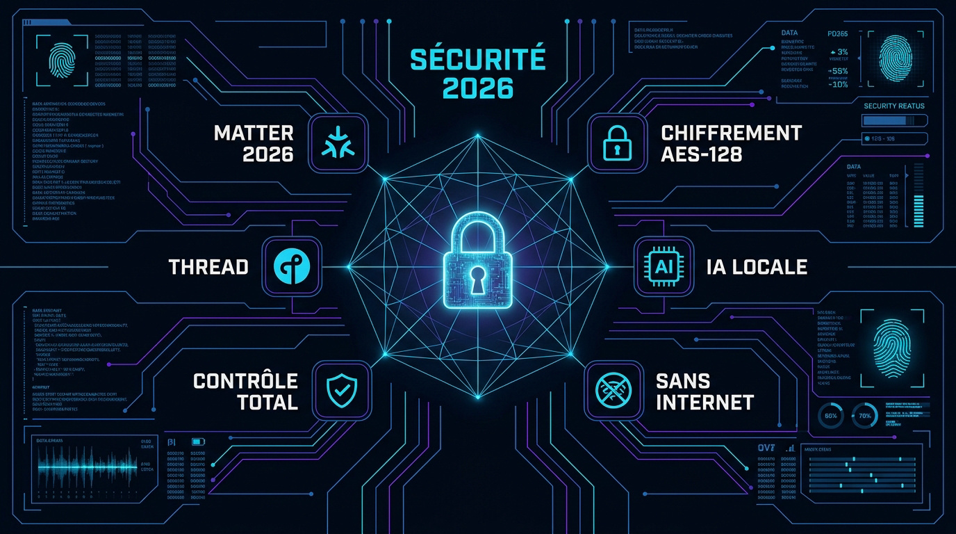 Interface de cybersécurité domotique futuriste 2026