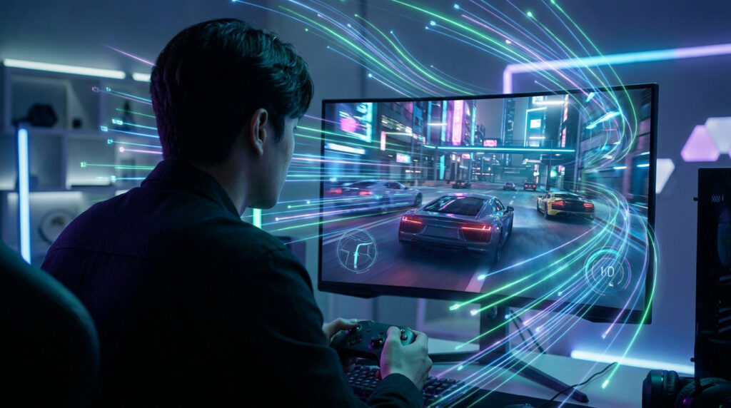 Un joueur utilise une manette devant un écran de jeu avec des flux de données numériques lumineux et rapides.