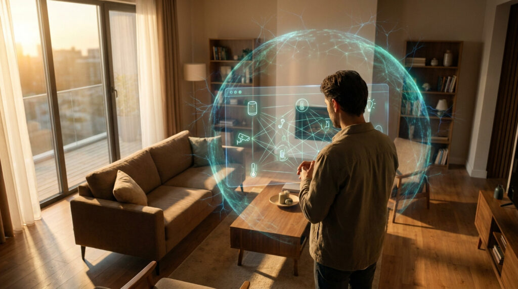 Un homme regarde une interface holographique protégeant ses appareils connectés dans un salon chaleureux au coucher du soleil.