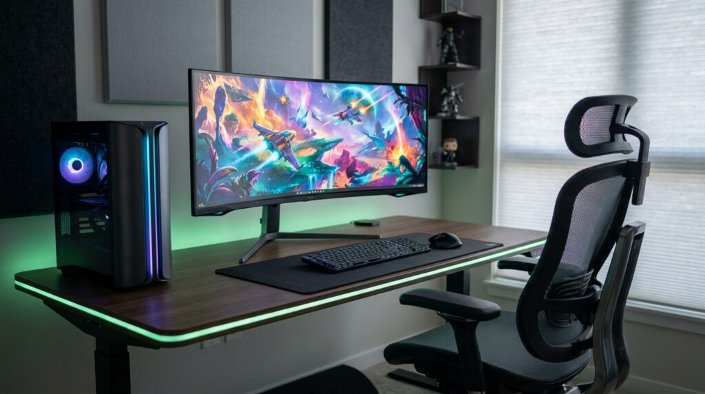Bureau gaming moderne avec écran ultra-large, PC tour rétroéclairé et chaise ergonomique dans une chambre lumineuse.