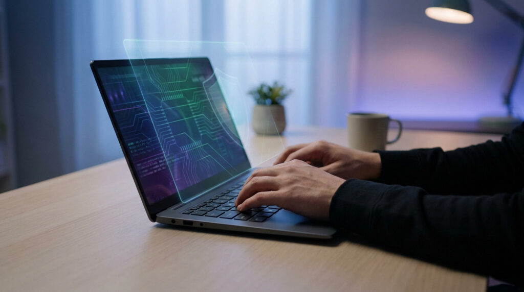 Personne utilisant un ordinateur portable avec une interface numérique holographique de sécurité informatique.
