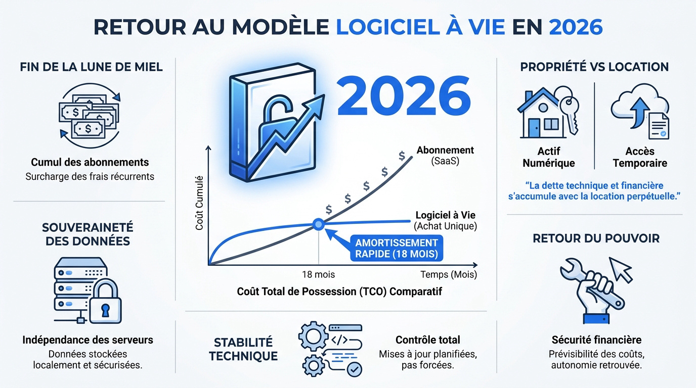 Illustration de la transition vers le logiciel à vie et l'indépendance numérique en 2026