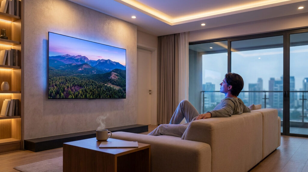 Un homme se détend sur un canapé en regardant un grand écran TV affichant un paysage montagneux dans un salon moderne.