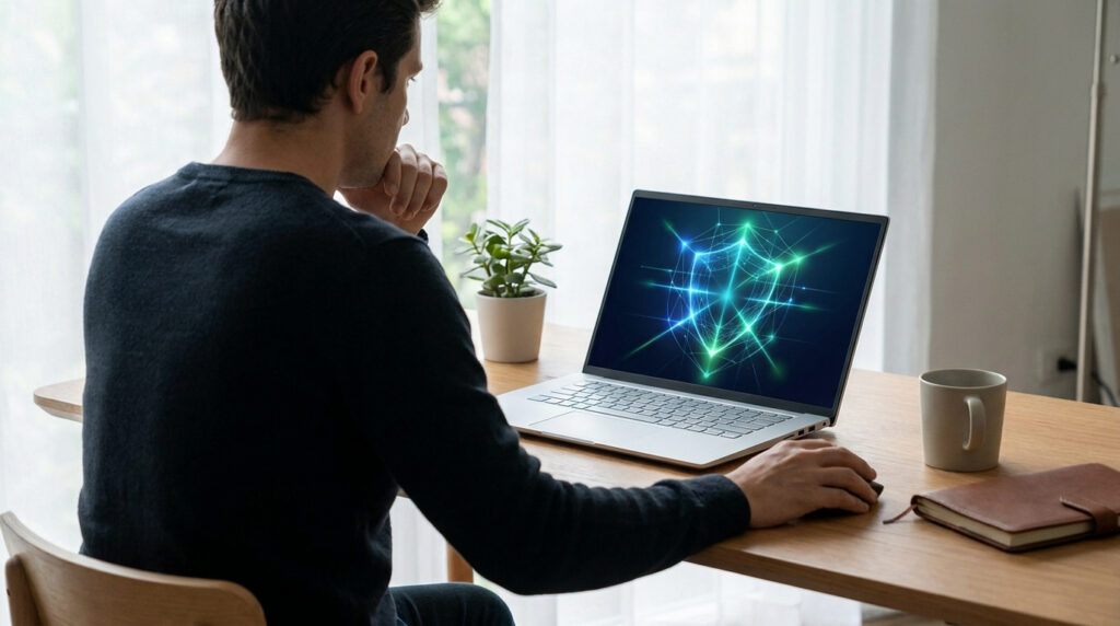 Un homme travaillant sur un ordinateur portable affichant une icône de bouclier numérique lumineuse, symbole de cybersécurité.
