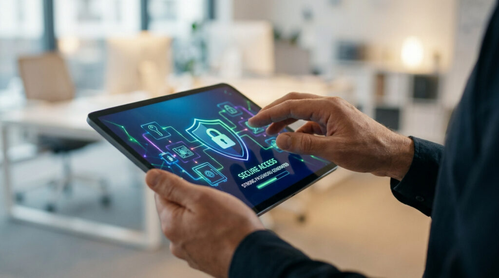 Une personne utilisant une tablette avec une interface de sécurité numérique affichant un cadenas et des icônes de données.