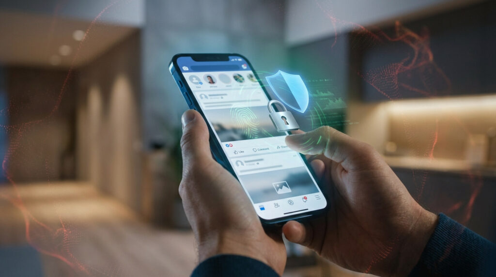 Mains tenant un smartphone affichant un flux social avec une icône de bouclier et de cadenas numérique en surimpression.