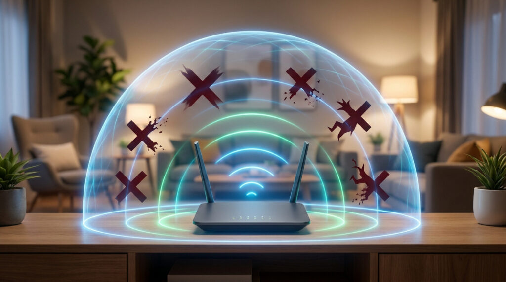 Routeur Wifi posé sur une table avec un dôme de protection bleu brillant repoussant des symboles "X" rouges.