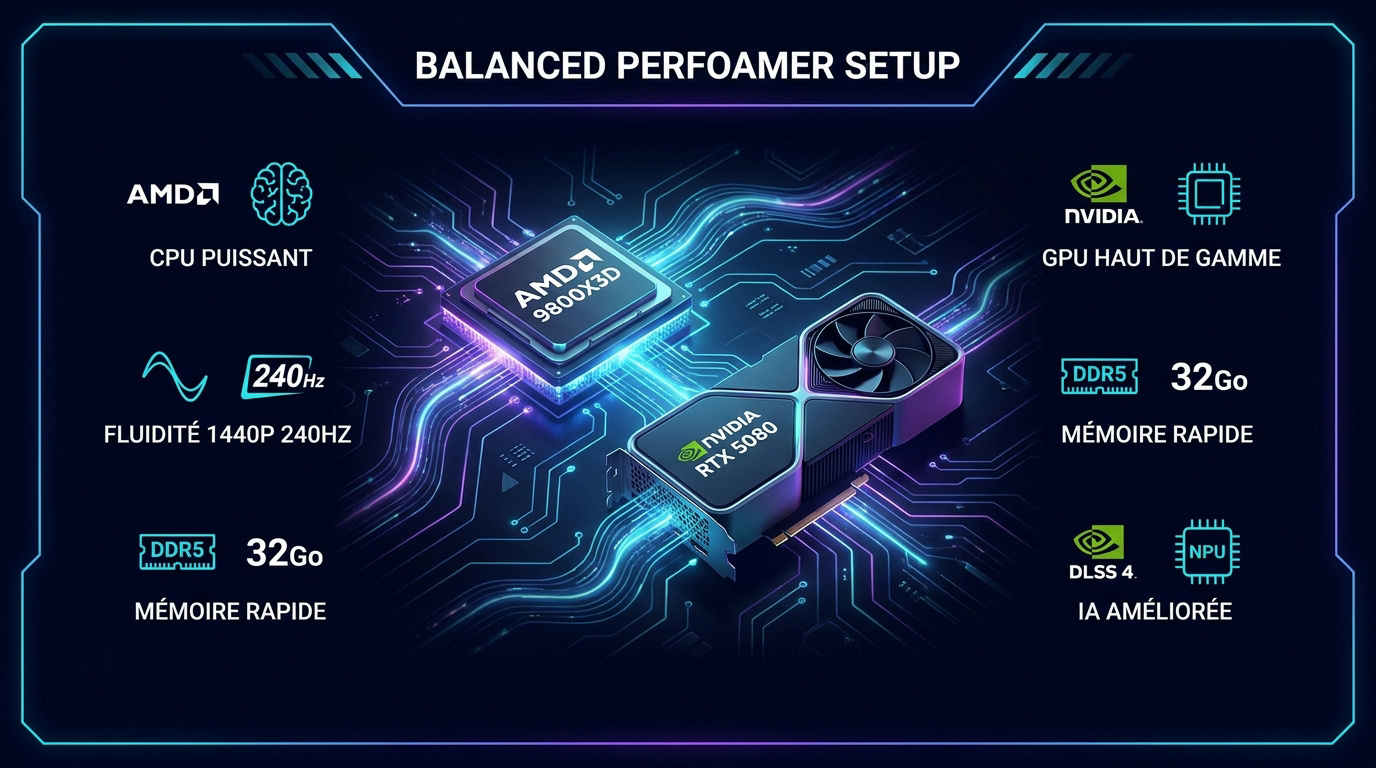 Setup gamer futuriste avec composants AMD Ryzen et carte graphique NVIDIA RTX série 50