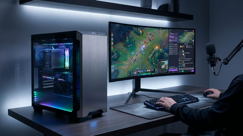 Un setup de gaming avec PC puissant, écran incurvé, clavier et microphone sur un bureau épuré.