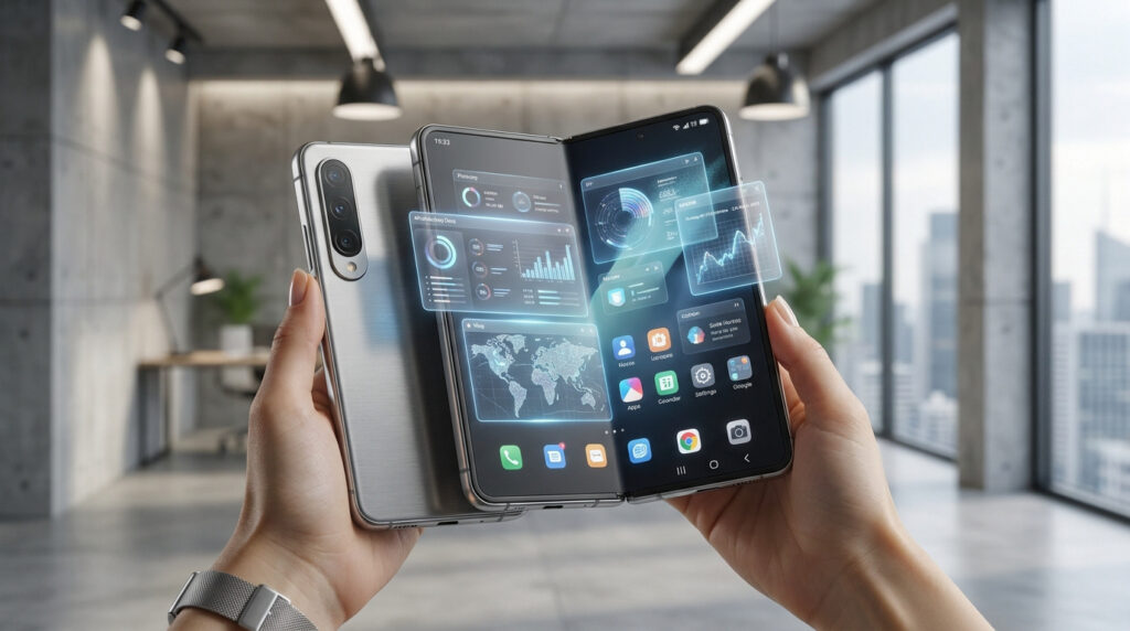 Une personne tient un smartphone pliable futuriste affichant des données holographiques dans un bureau moderne.