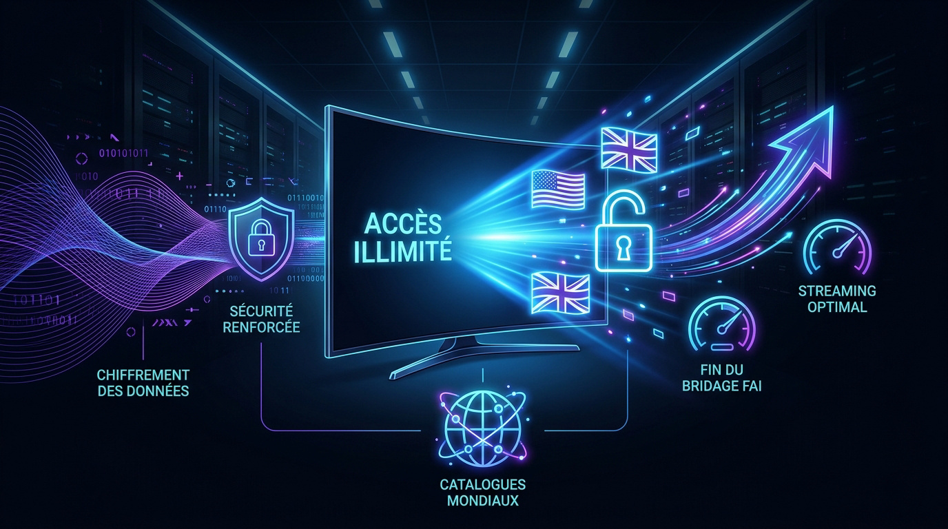 Interface Smart TV affichant des catalogues de streaming mondiaux sécurisés par un VPN