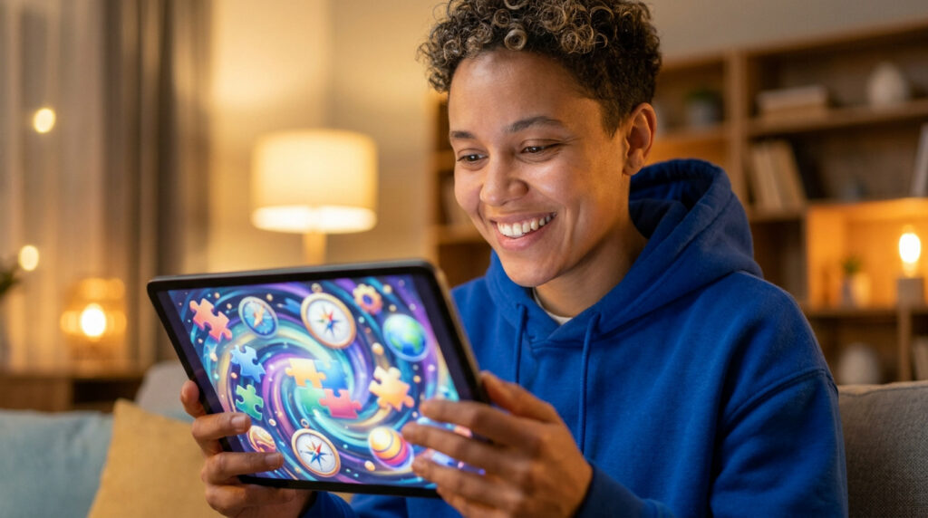 Une personne souriante tient une tablette affichant un jeu coloré avec des pièces de puzzle et des boussoles.