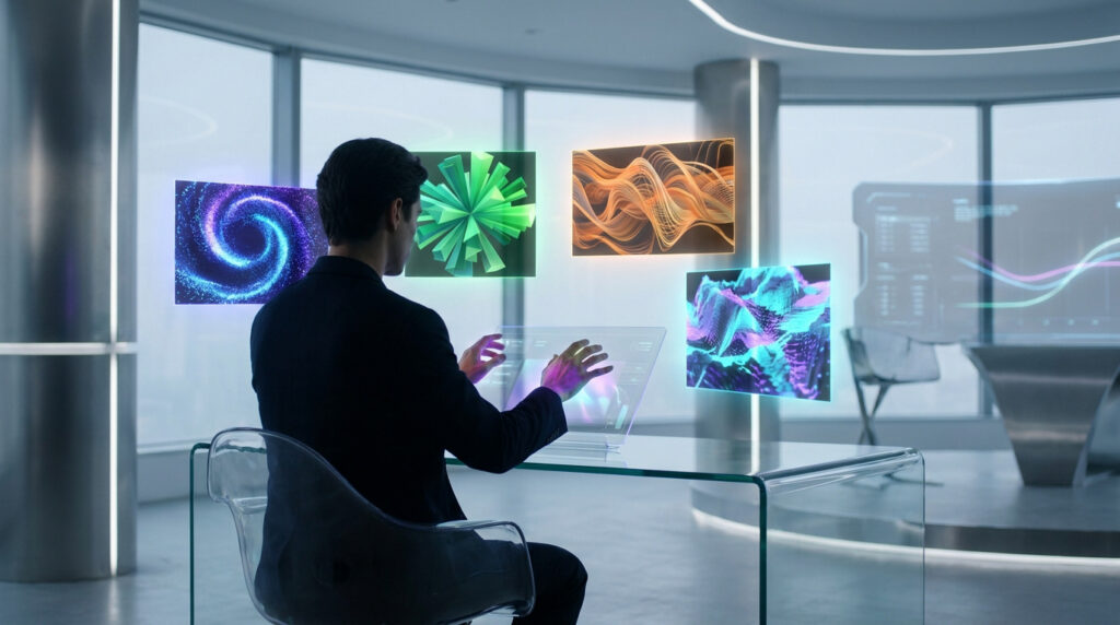 Un professionnel interagit avec des hologrammes d'art génératif dans un bureau futuriste.