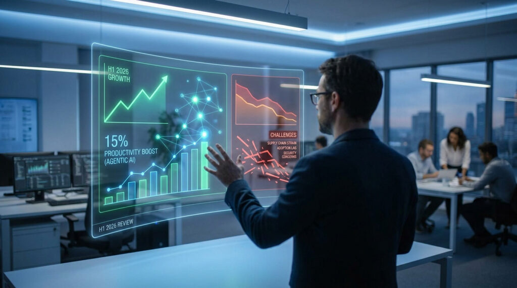Un homme d'affaires analyse des graphiques de performance sur un écran holographique transparent dans un bureau moderne.
