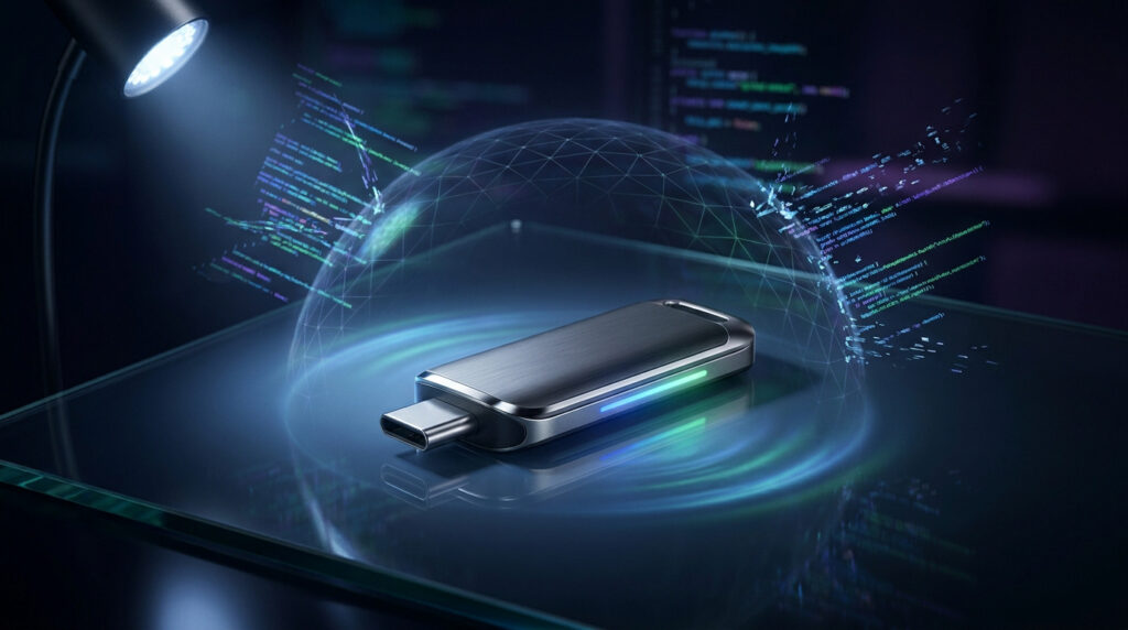 Une clé de sécurité USB protégée par un bouclier numérique lumineux sur un bureau sombre avec du code en arrière-plan.