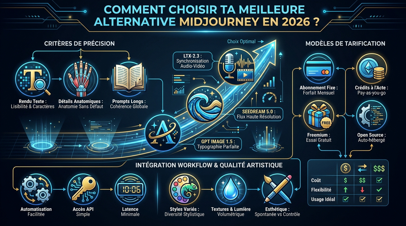 Comparaison des meilleures alternatives à Midjourney en 2026 pour la création d'images IA