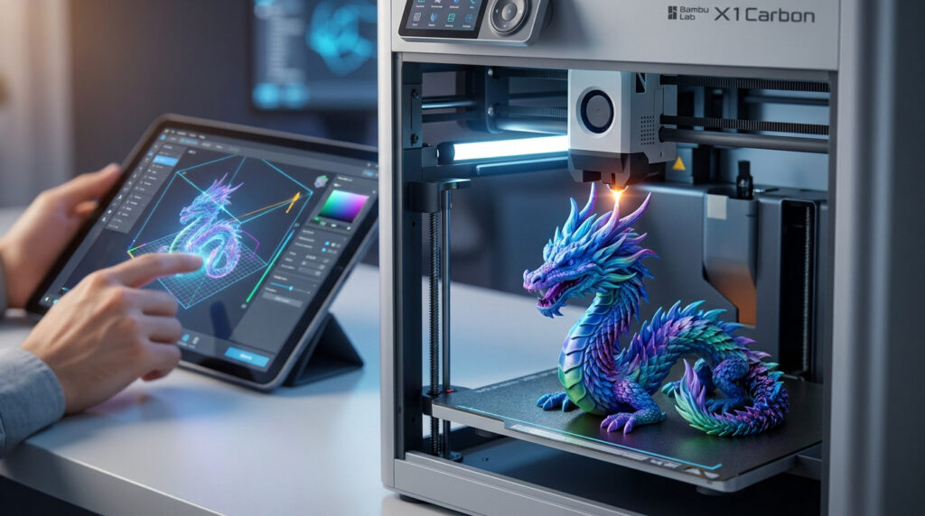 Une personne utilisant une tablette tactile pour concevoir un dragon 3D imprimé par une imprimante Bambu Lab X1 Carbon.