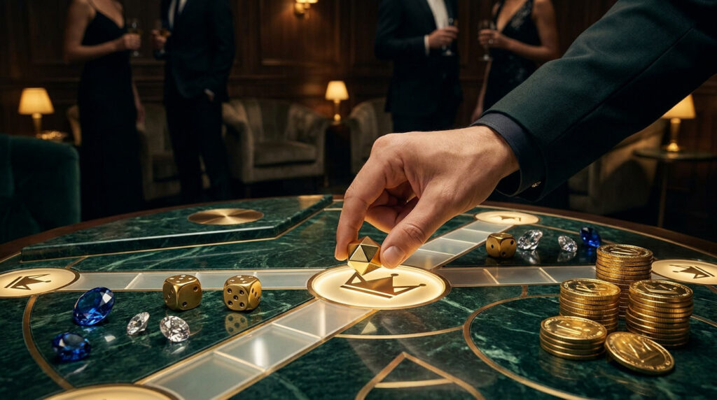 Une main place un dé doré sur un plateau de jeu en marbre vert entouré de jetons d'or et de diamants.