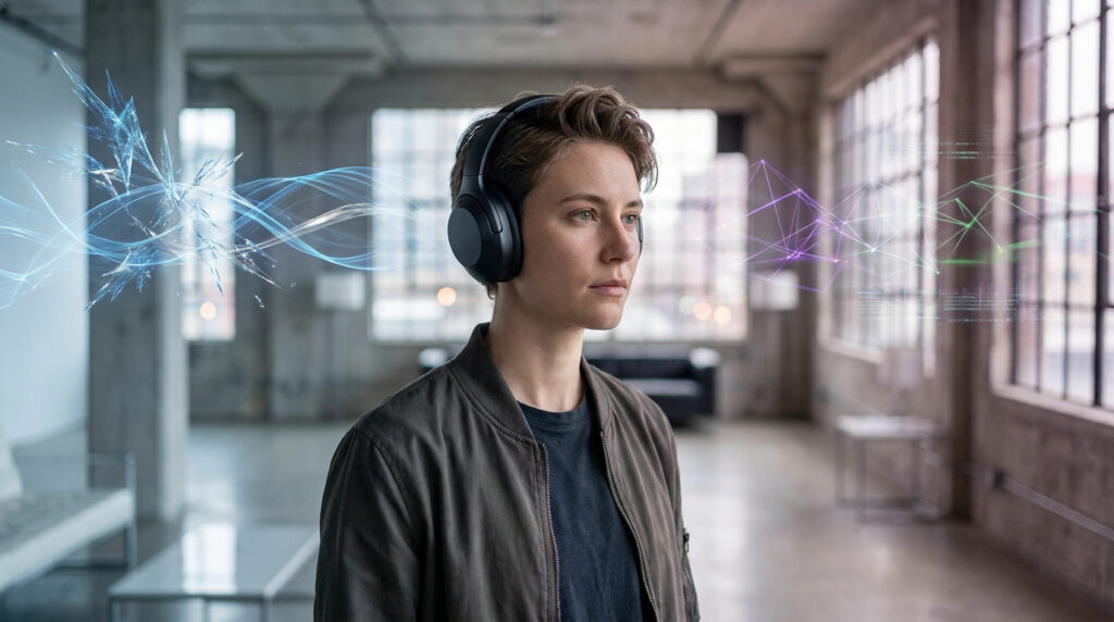 Une personne porte un casque audio dans un loft avec des effets visuels numériques représentant le son et les données.