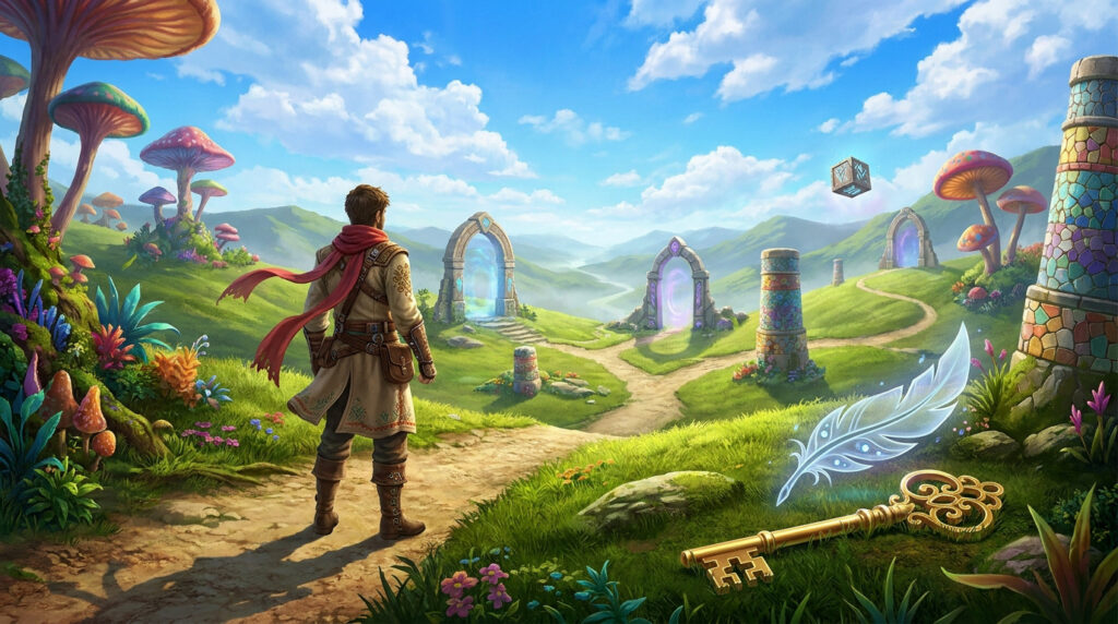Un aventurier devant des portails magiques dans un paysage fantastique avec des champignons géants.