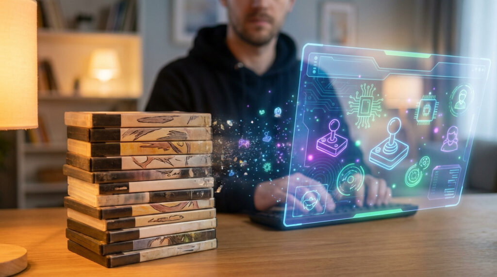 Un joueur utilise un ordinateur devant une pile de boîtes de jeux vidéo qui se désintègrent en icônes numériques.