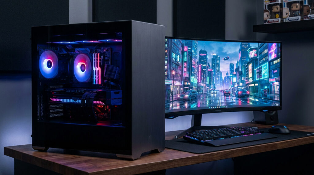 Un PC gaming avec boîtier vitré rétroéclairé à côté d'un écran incurvé affichant une scène urbaine néon sur un bureau en bois.