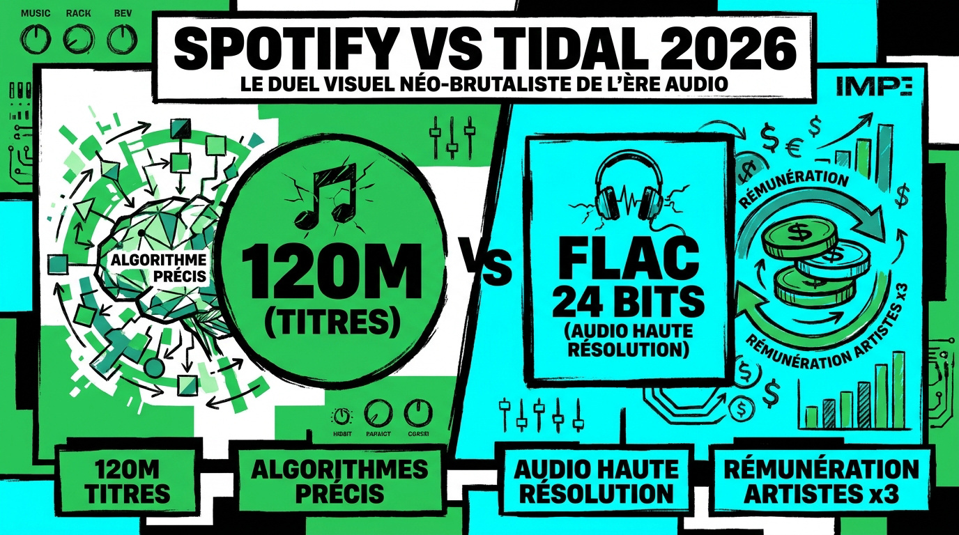 Duel visuel entre Spotify et Tidal en 2026 style néo-brutaliste