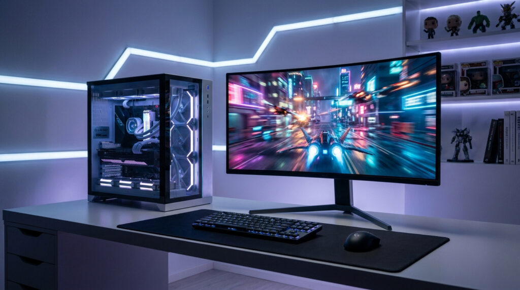 Setup PC gamer avec tour vitrée, écran incurvé affichant un jeu spatial et éclairage LED néon sur le mur.