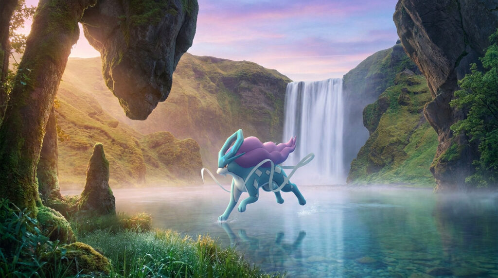Le Pokémon légendaire Suicune court sur la surface d'un lac devant une majestueuse cascade entourée de montagnes.