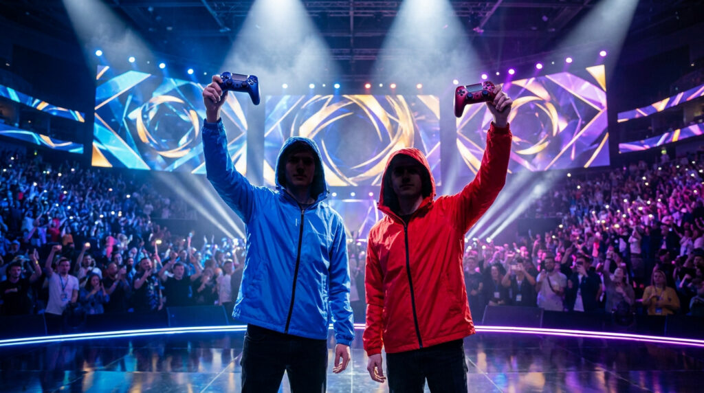 Deux gamers en sweat bleu et rouge lèvent leurs manettes en l'air sur la scène de la ZLAN 2025 devant une foule.